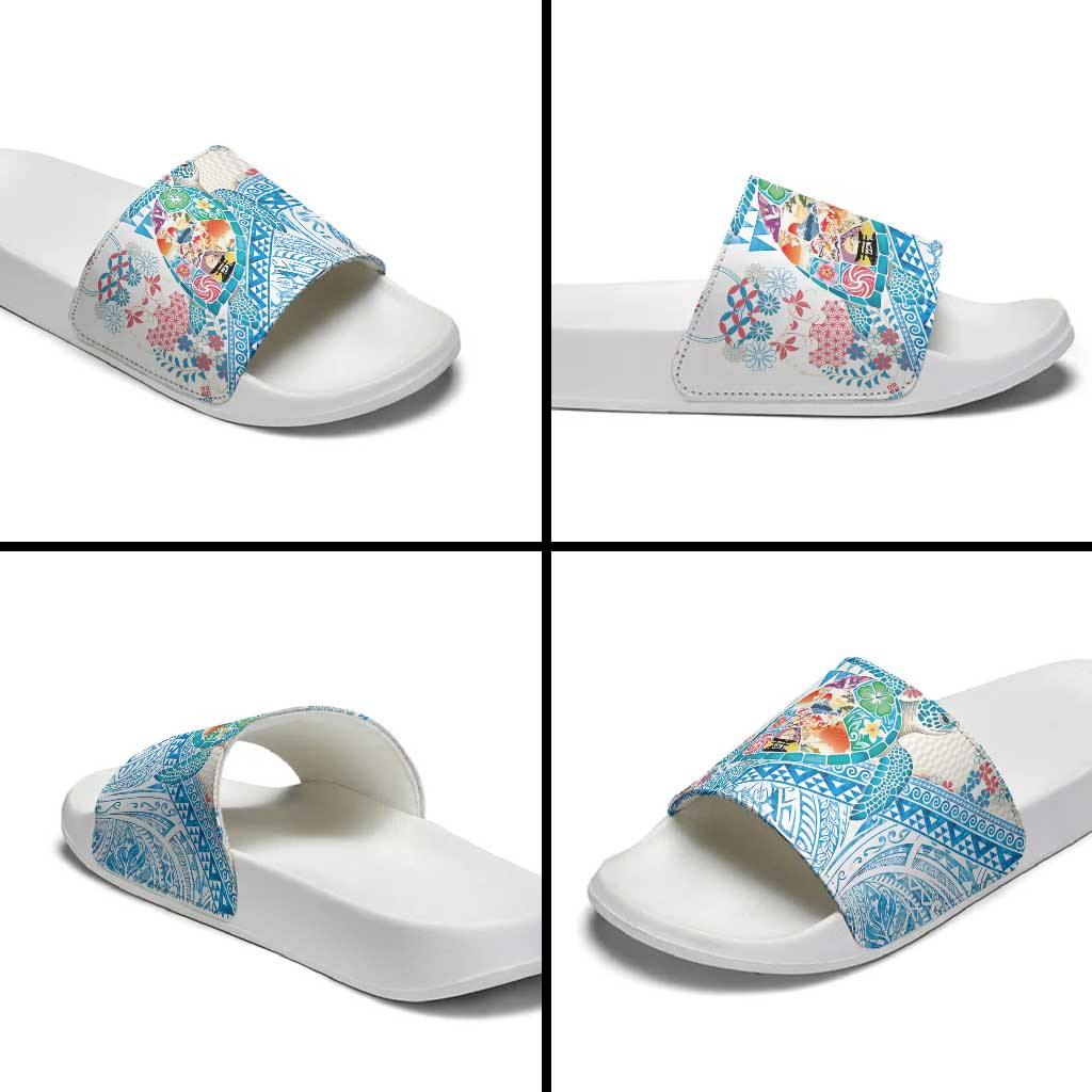 Hawaiian and Japanese Culture Together Slide Sandals Tropical Honu with Japanese Elements Blue Color