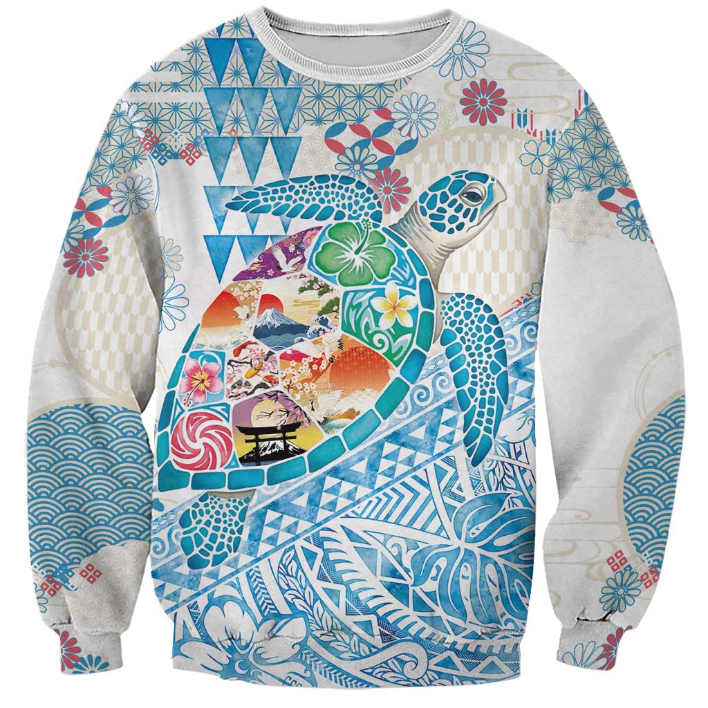 Hawaiian and Japanese Culture Together Sweatshirt Tropical Honu with Japanese Elements Blue Color