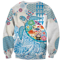 Hawaiian and Japanese Culture Together Sweatshirt Tropical Honu with Japanese Elements Blue Color