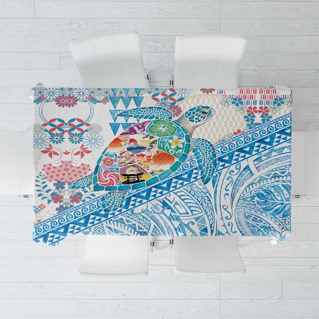 Hawaiian and Japanese Culture Together Tablecloth Tropical Honu with Japanese Elements Blue Color