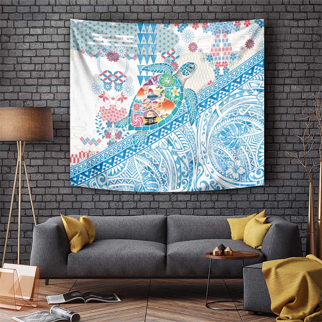 Hawaiian and Japanese Culture Together Tapestry Tropical Honu with Japanese Elements Blue Color LT03 Blue - Polynesian Pride