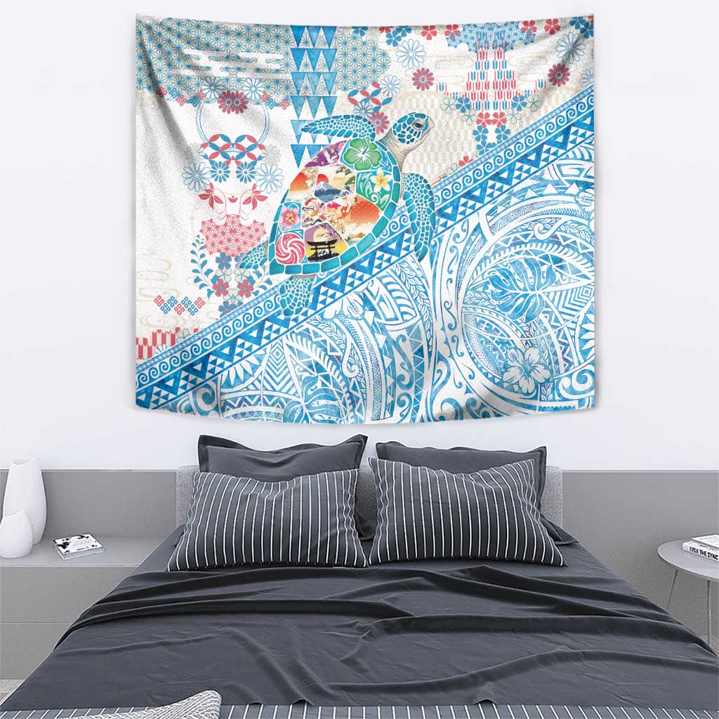 Hawaiian and Japanese Culture Together Tapestry Tropical Honu with Japanese Elements Blue Color
