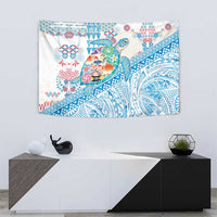 Hawaiian and Japanese Culture Together Tapestry Tropical Honu with Japanese Elements Blue Color