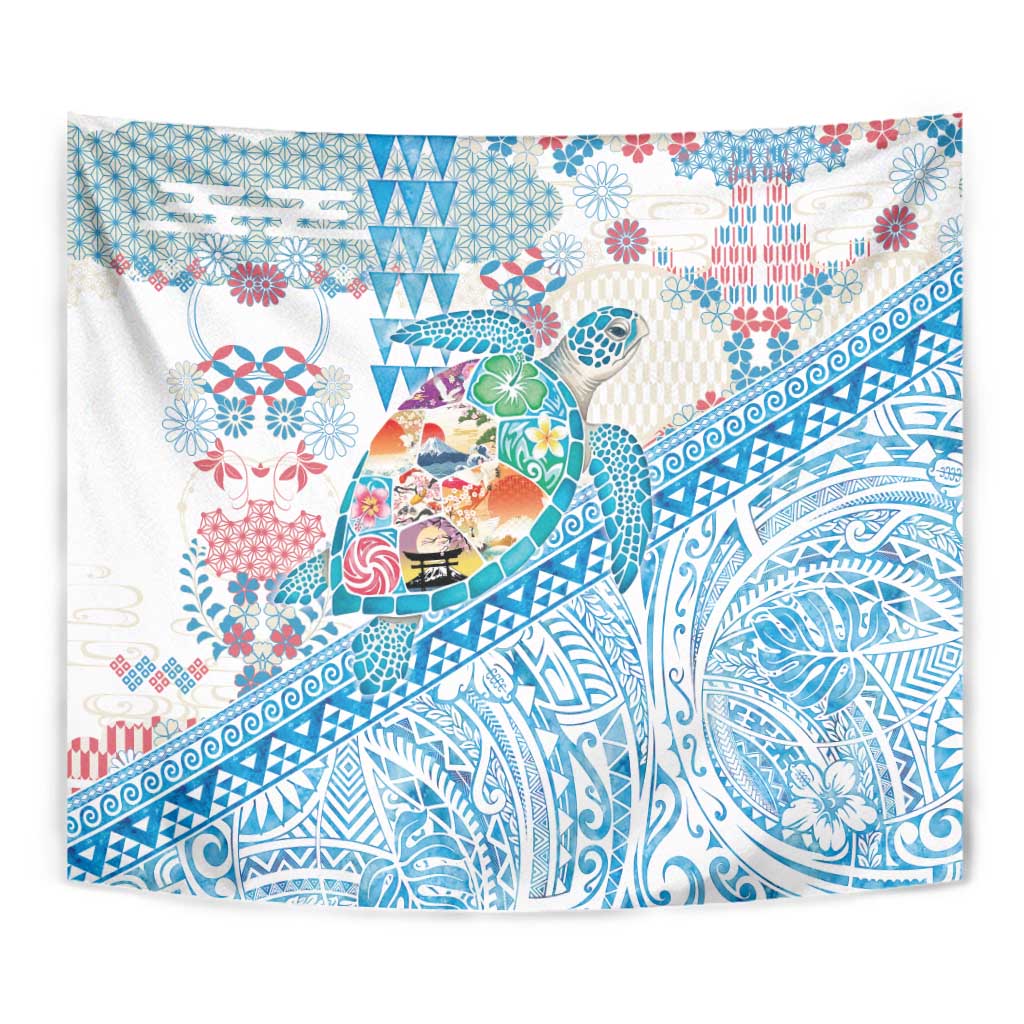 Hawaiian and Japanese Culture Together Tapestry Tropical Honu with Japanese Elements Blue Color