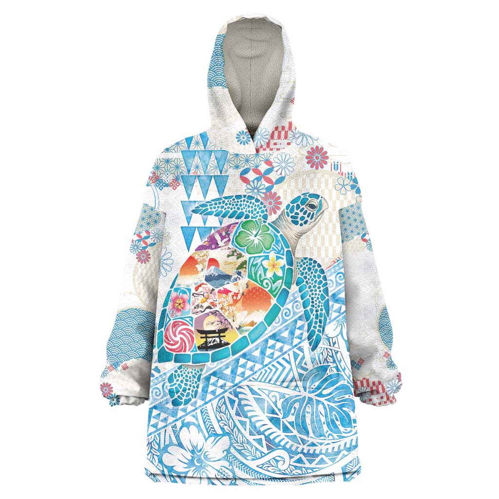 Hawaiian and Japanese Culture Together Wearable Blanket Hoodie Tropical Honu with Japanese Elements Blue Color