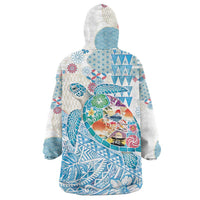 Hawaiian and Japanese Culture Together Wearable Blanket Hoodie Tropical Honu with Japanese Elements Blue Color