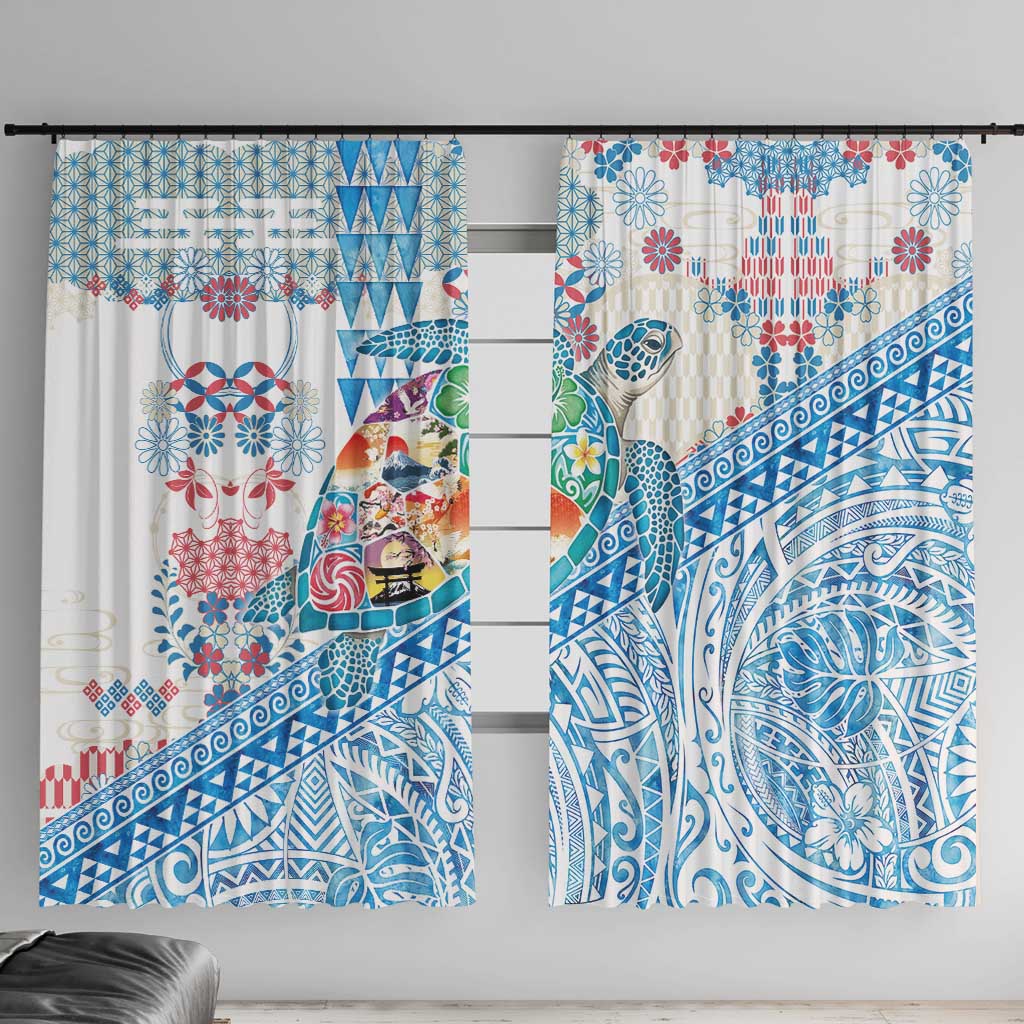 Hawaiian and Japanese Culture Together Window Curtain Tropical Honu with Japanese Elements Blue Color