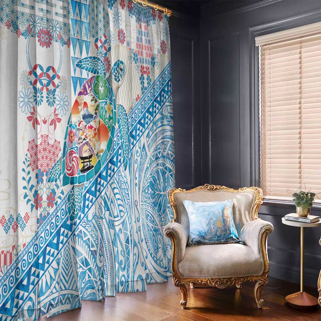 Hawaiian and Japanese Culture Together Window Curtain Tropical Honu with Japanese Elements Blue Color