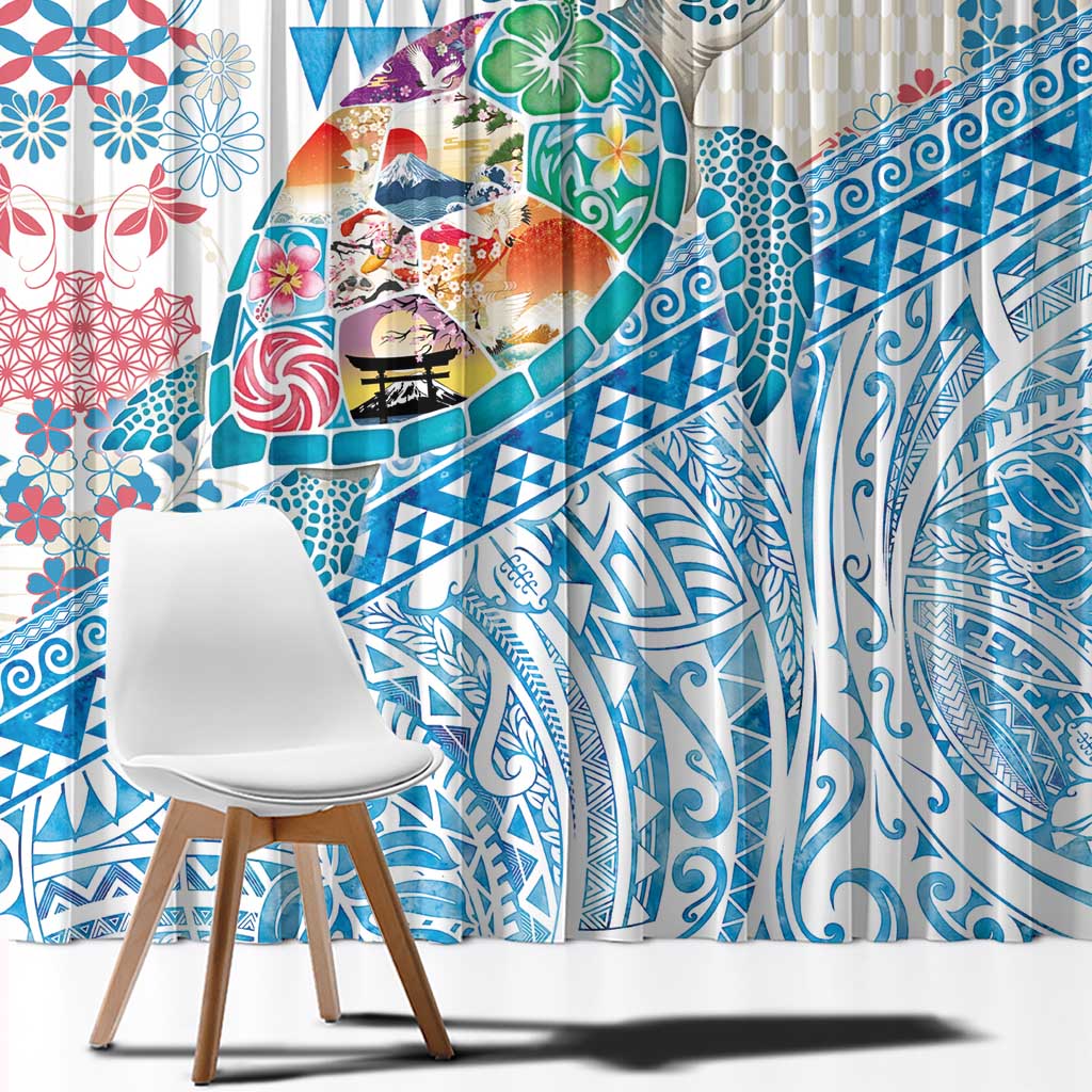 Hawaiian and Japanese Culture Together Window Curtain Tropical Honu with Japanese Elements Blue Color