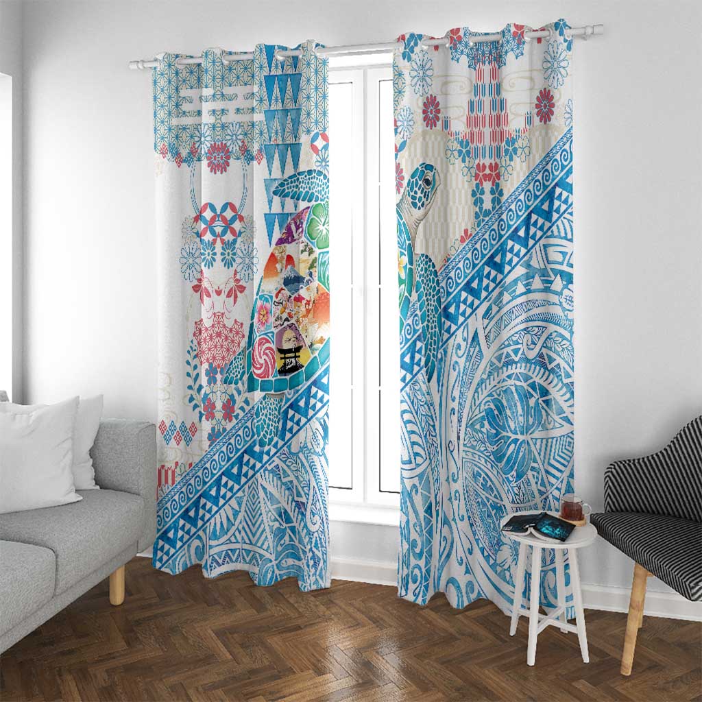 Hawaiian and Japanese Culture Together Window Curtain Tropical Honu with Japanese Elements Blue Color