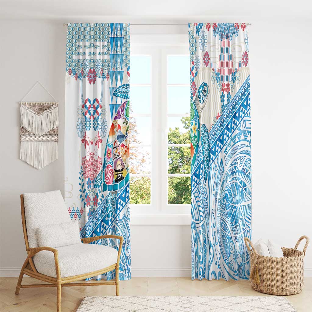 Hawaiian and Japanese Culture Together Window Curtain Tropical Honu with Japanese Elements Blue Color