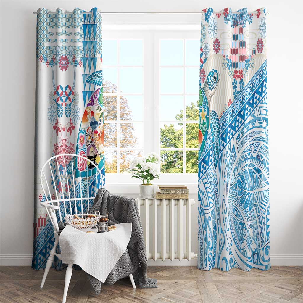 Hawaiian and Japanese Culture Together Window Curtain Tropical Honu with Japanese Elements Blue Color