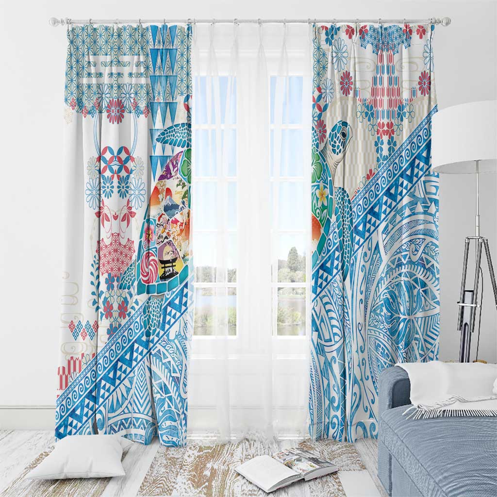 Hawaiian and Japanese Culture Together Window Curtain Tropical Honu with Japanese Elements Blue Color