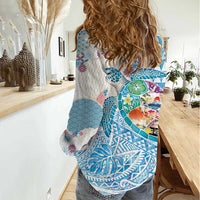 Hawaiian and Japanese Culture Together Women Casual Shirt Tropical Honu with Japanese Elements Blue Color