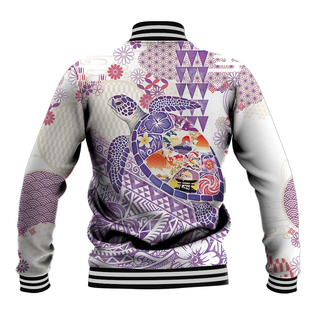 Hawaiian and Japanese Culture Together Baseball Jacket Tropical Honu with Japanese Elements Purple Color