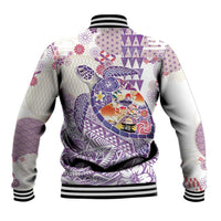 Hawaiian and Japanese Culture Together Baseball Jacket Tropical Honu with Japanese Elements Purple Color
