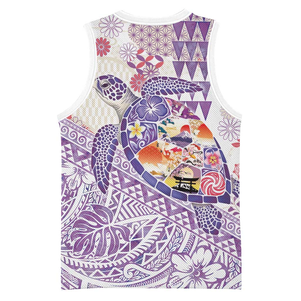 Hawaiian and Japanese Culture Together Basketball Jersey Tropical Honu with Japanese Elements Purple Color