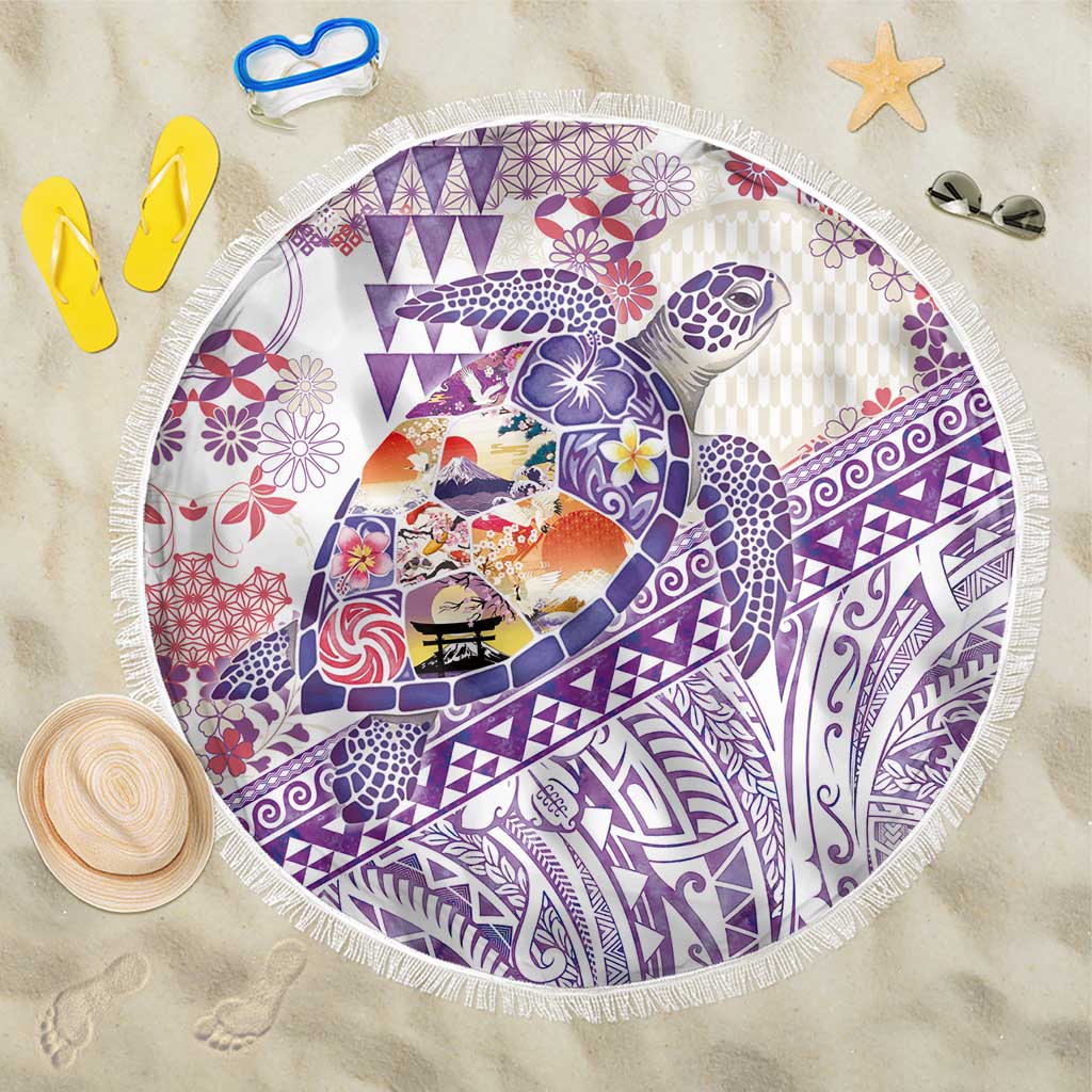 Hawaiian and Japanese Culture Together Beach Blanket Tropical Honu with Japanese Elements Purple Color LT03 One Size 150cm Purple - Polynesian Pride