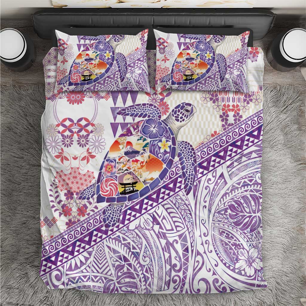 Hawaiian and Japanese Culture Together Bedding Set Tropical Honu with Japanese Elements Purple Color