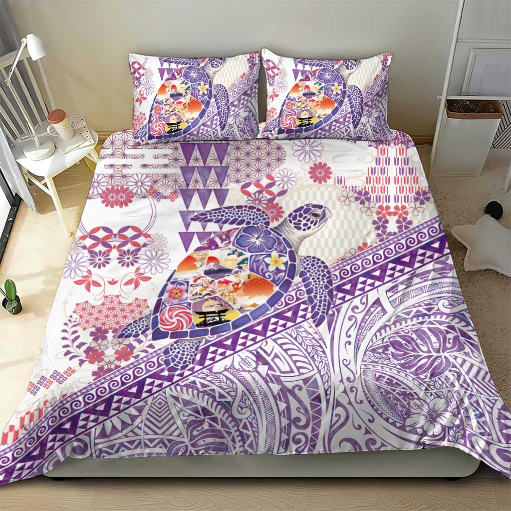 Hawaiian and Japanese Culture Together Bedding Set Tropical Honu with Japanese Elements Purple Color