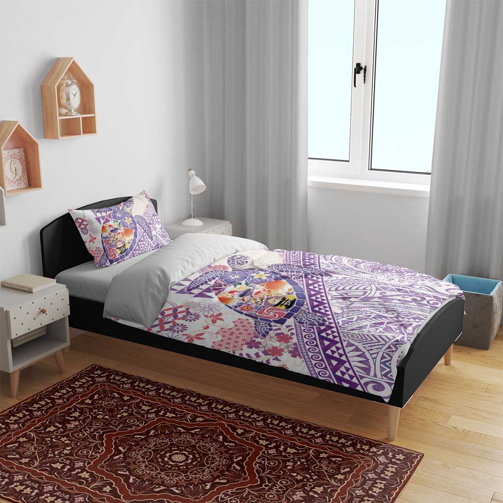 Hawaiian and Japanese Culture Together Bedding Set Tropical Honu with Japanese Elements Purple Color