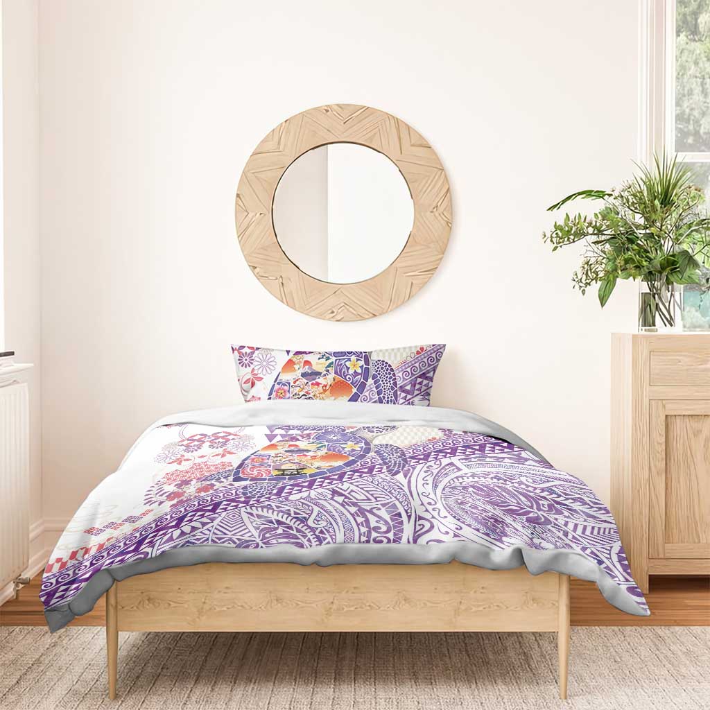 Hawaiian and Japanese Culture Together Bedding Set Tropical Honu with Japanese Elements Purple Color