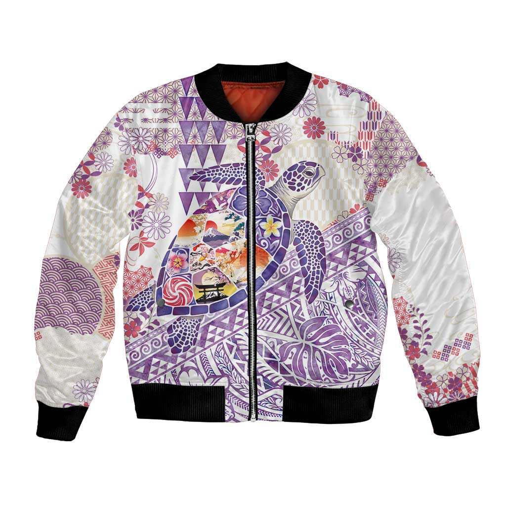 Hawaiian and Japanese Culture Together Bomber Jacket Tropical Honu with Japanese Elements Purple Color