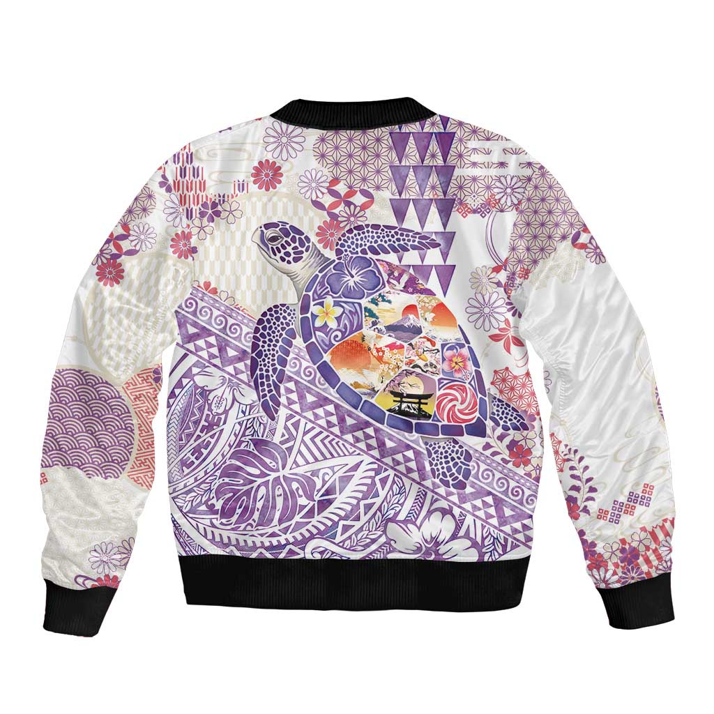 Hawaiian and Japanese Culture Together Bomber Jacket Tropical Honu with Japanese Elements Purple Color