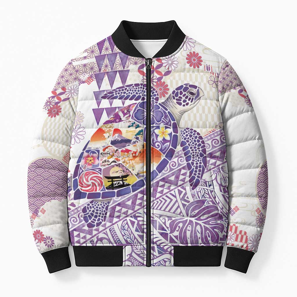 Hawaiian and Japanese Culture Together Bomber Puffer Jacket Tropical Honu with Japanese Elements Purple Color LT03 Unisex Purple - Polynesian Pride