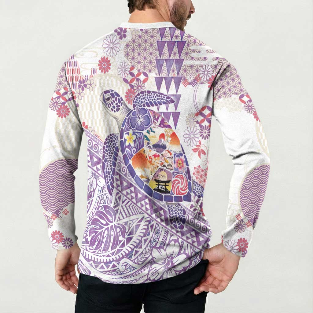 Hawaiian and Japanese Culture Together Button Sweatshirt Tropical Honu with Japanese Elements Purple Color