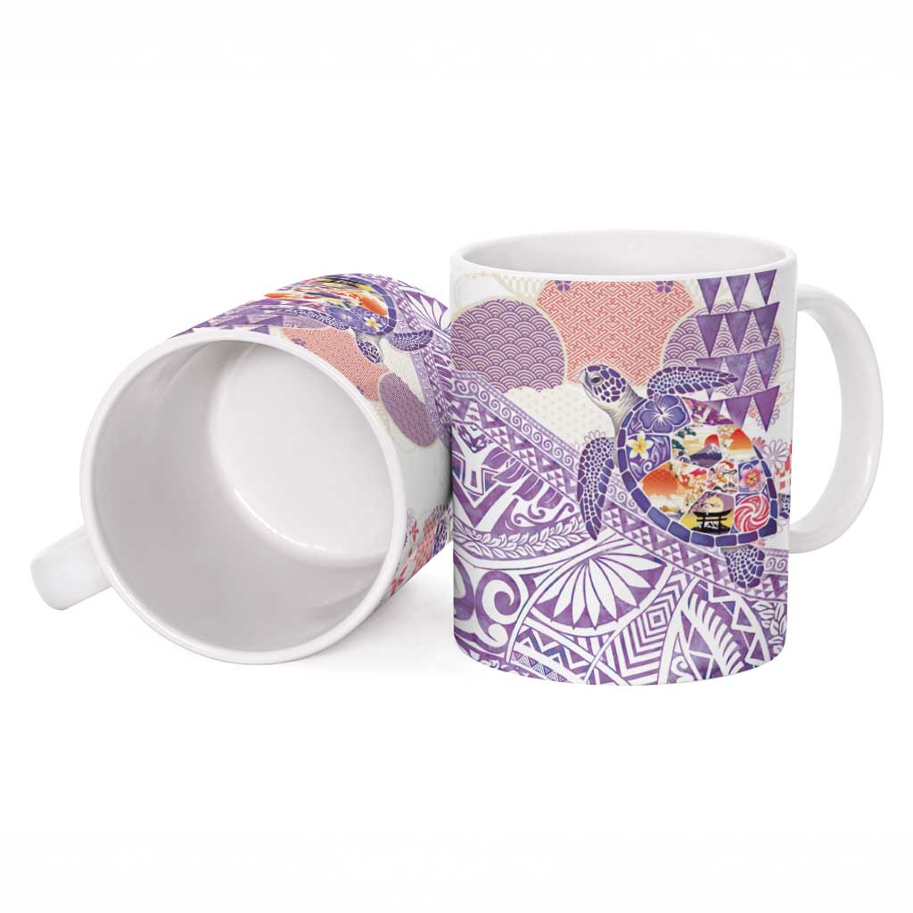 Hawaiian and Japanese Culture Together Ceramic Mug Tropical Honu with Japanese Elements Purple Color