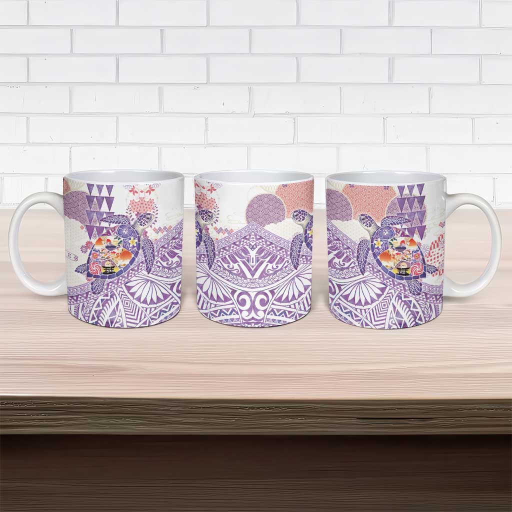 Hawaiian and Japanese Culture Together Ceramic Mug Tropical Honu with Japanese Elements Purple Color