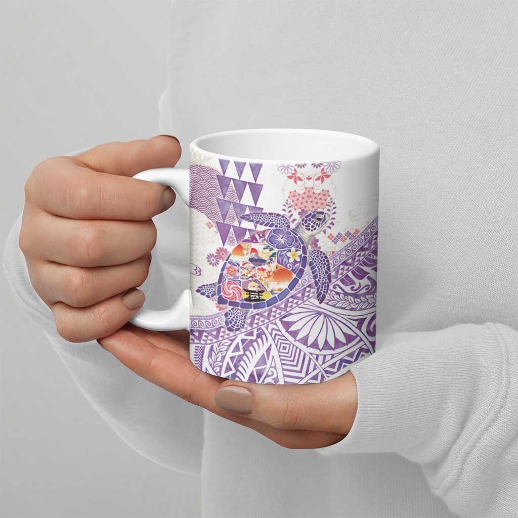 Hawaiian and Japanese Culture Together Ceramic Mug Tropical Honu with Japanese Elements Purple Color