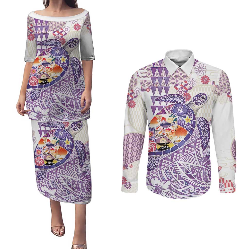 Hawaiian and Japanese Culture Together Couples Matching Puletasi and Long Sleeve Button Shirt Tropical Honu with Japanese Elements Purple Color