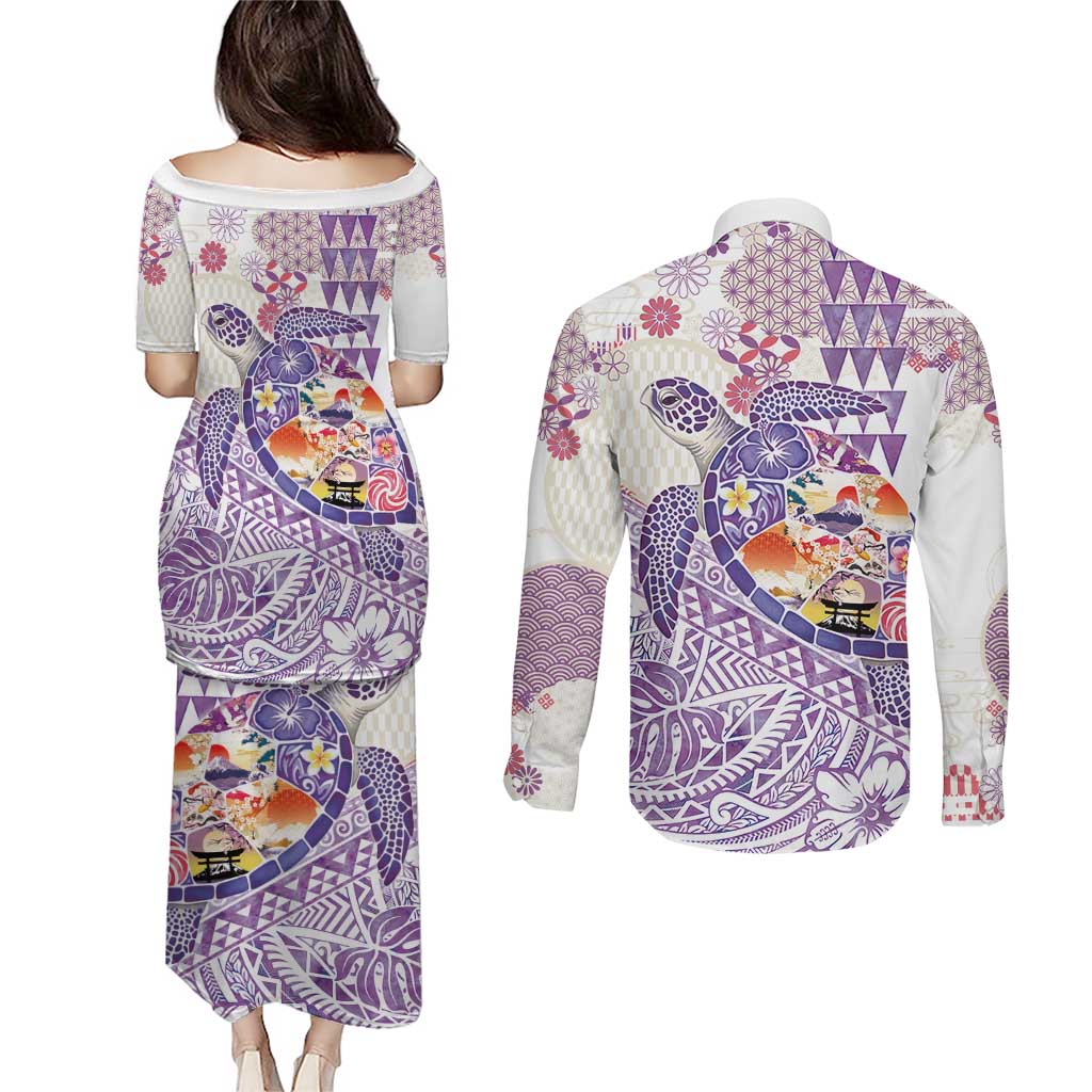 Hawaiian and Japanese Culture Together Couples Matching Puletasi and Long Sleeve Button Shirt Tropical Honu with Japanese Elements Purple Color