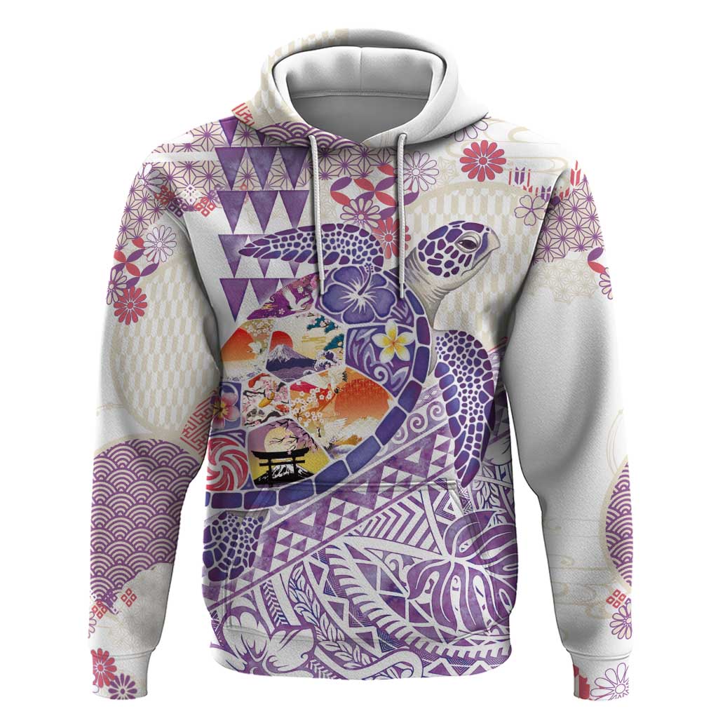 Hawaiian and Japanese Culture Together Hoodie Tropical Honu with Japanese Elements Purple Color
