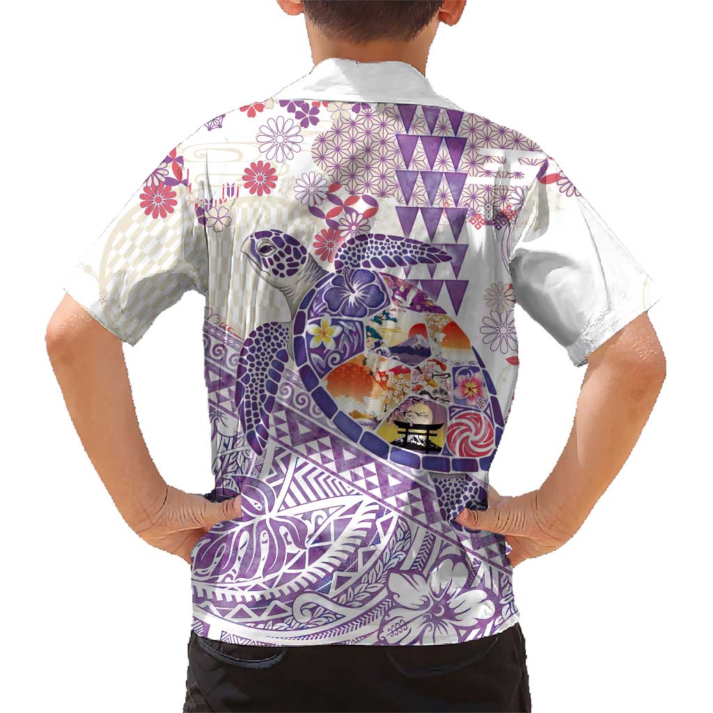 Hawaiian and Japanese Culture Together Kid Hawaiian Shirt Tropical Honu with Japanese Elements Purple Color