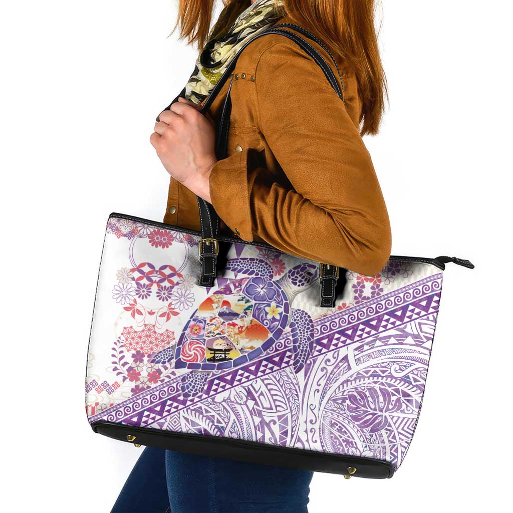 Hawaiian and Japanese Culture Together Leather Tote Bag Tropical Honu with Japanese Elements Purple Color LT03 Purple - Polynesian Pride