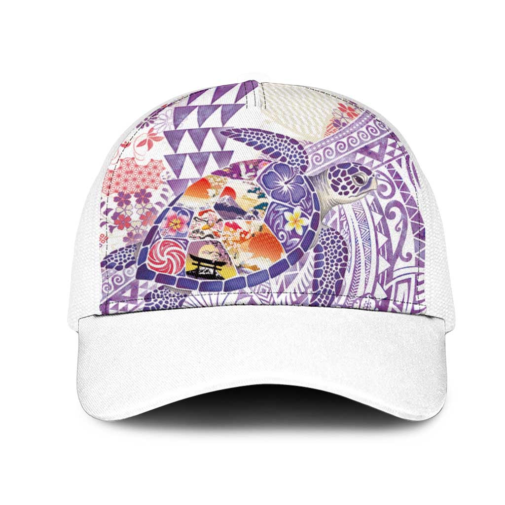 Hawaiian and Japanese Culture Together Mesh Trucker Cap Tropical Honu with Japanese Elements Purple Color LT03 One Size White Purple - Polynesian Pride