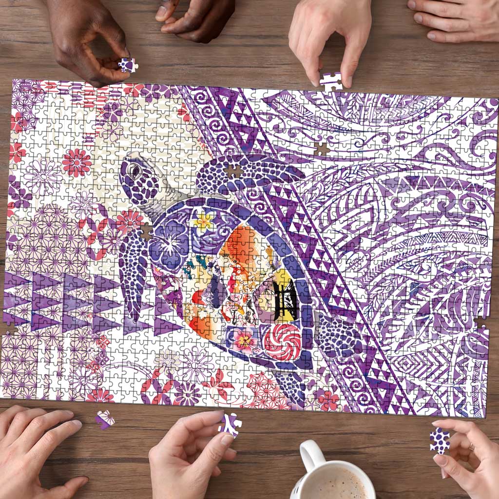 Hawaiian and Japanese Culture Together Puzzle Tropical Honu with Japanese Elements Purple Color LT03 - Polynesian Pride