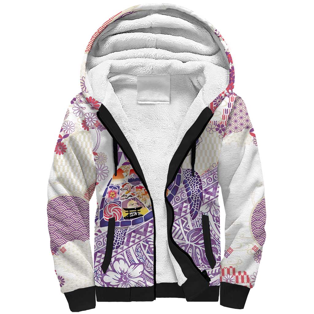 Hawaiian and Japanese Culture Together Sherpa Hoodie Tropical Honu with Japanese Elements Purple Color