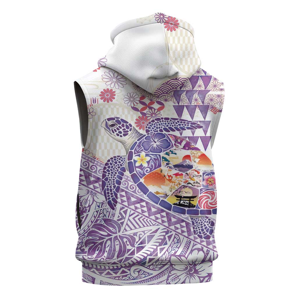 Hawaiian and Japanese Culture Together Sleeveless Hoodie Tropical Honu with Japanese Elements Purple Color