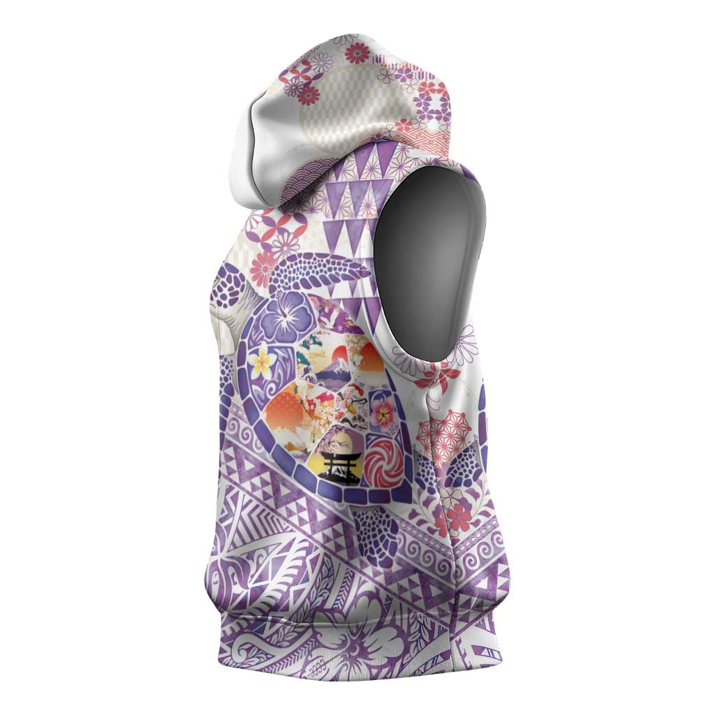 Hawaiian and Japanese Culture Together Sleeveless Hoodie Tropical Honu with Japanese Elements Purple Color