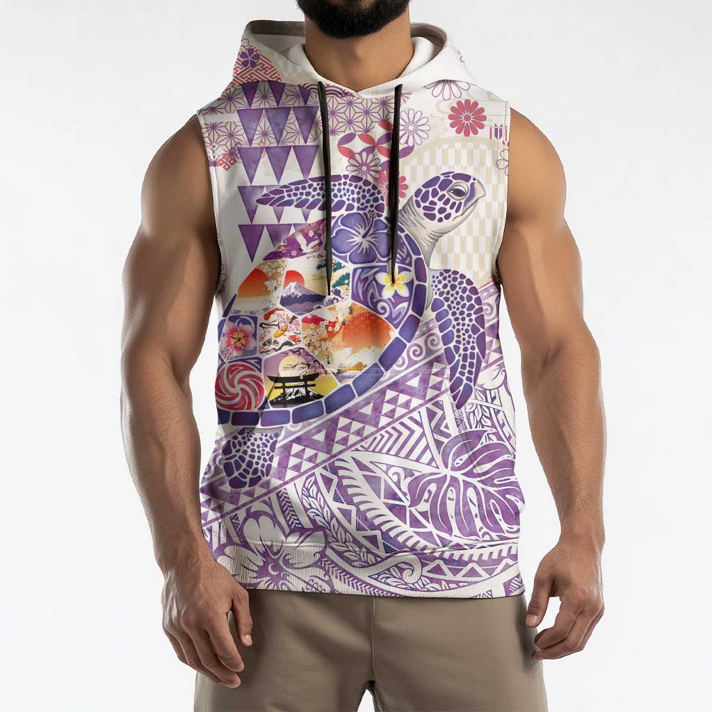 Hawaiian and Japanese Culture Together Sleeveless Hoodie Tropical Honu with Japanese Elements Purple Color