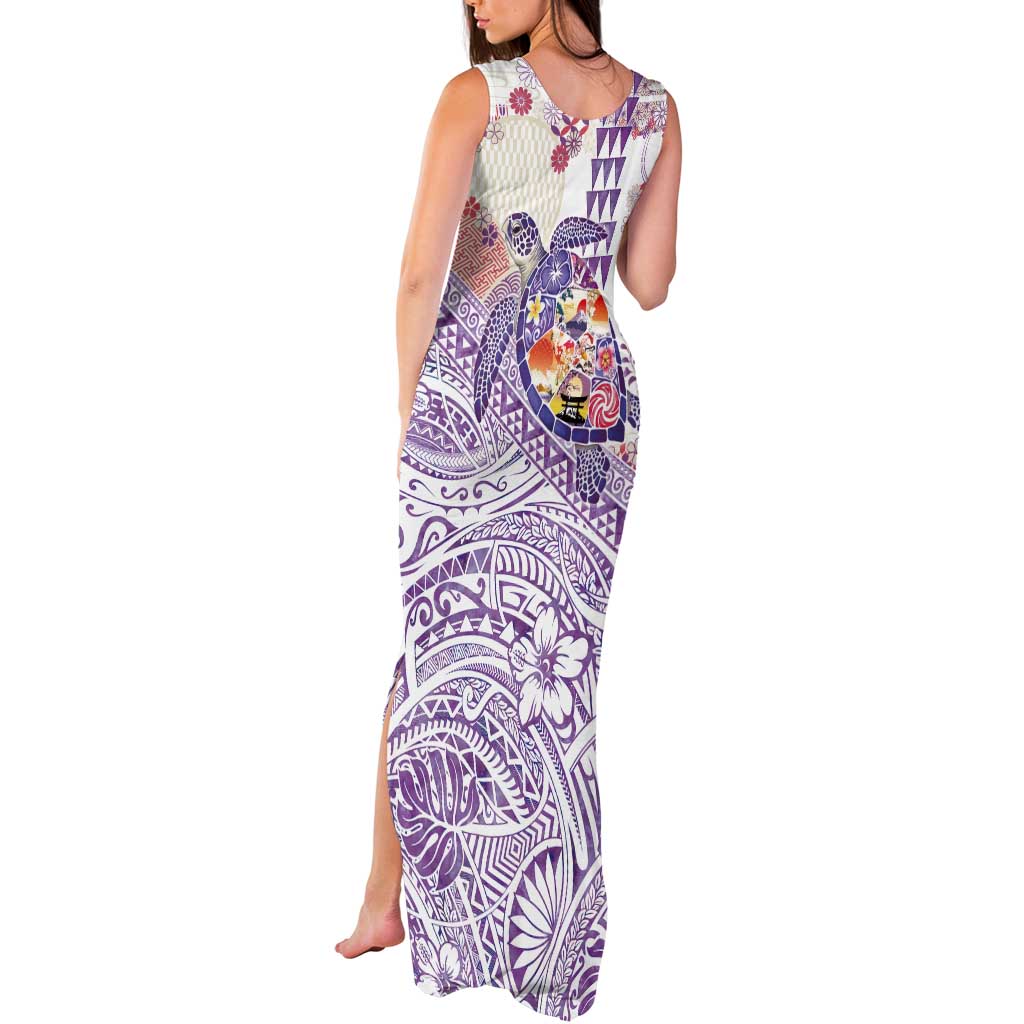 Hawaiian and Japanese Culture Together Tank Maxi Dress Tropical Honu with Japanese Elements Purple Color