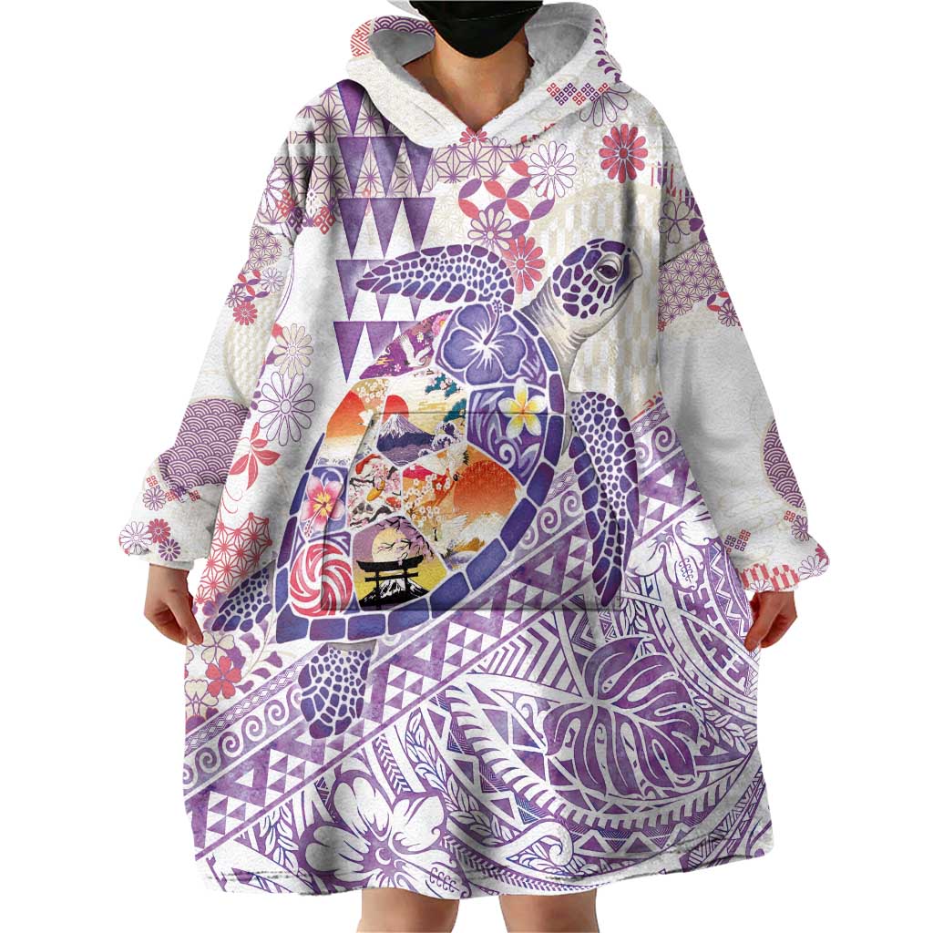 Hawaiian and Japanese Culture Together Wearable Blanket Hoodie Tropical Honu with Japanese Elements Purple Color