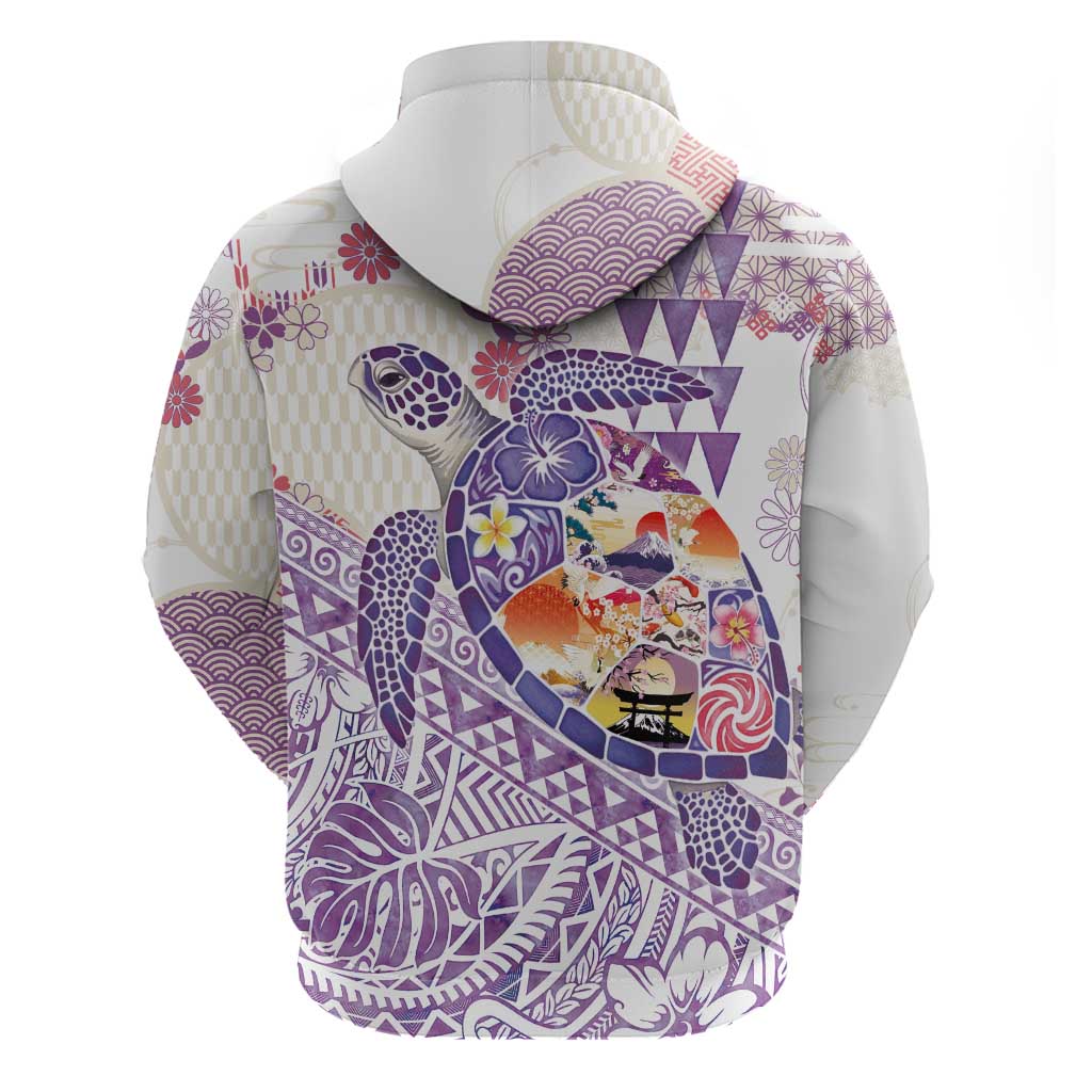 Hawaiian and Japanese Culture Together Zip Hoodie Tropical Honu with Japanese Elements Purple Color