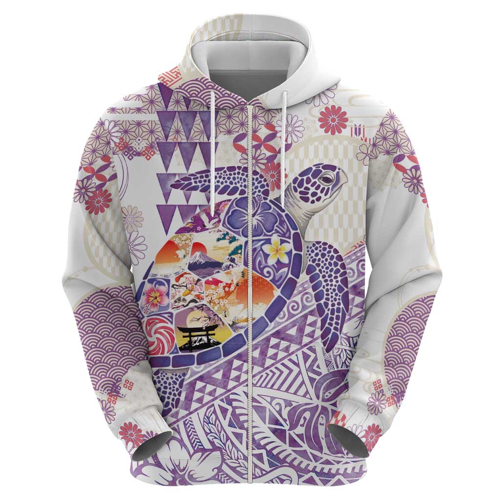 Hawaiian and Japanese Culture Together Zip Hoodie Tropical Honu with Japanese Elements Purple Color