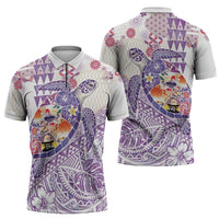 Hawaiian and Japanese Culture Together Zipper Polo Shirt Tropical Honu with Japanese Elements Purple Color