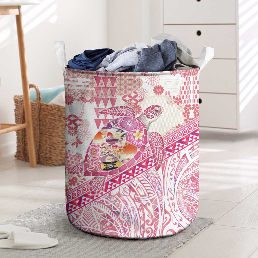 Hawaiian and Japanese Culture Together Laundry Basket Tropical Honu with Japanese Elements Pink Color